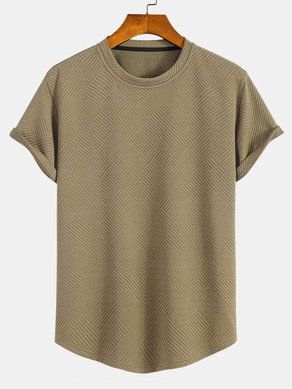 Kortärmad randig jacquard T-shirt med bågad nederkant