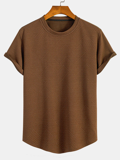 Kortärmad randig jacquard T-shirt med bågad nederkant
