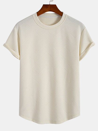 Kortärmad randig jacquard T-shirt med bågad nederkant