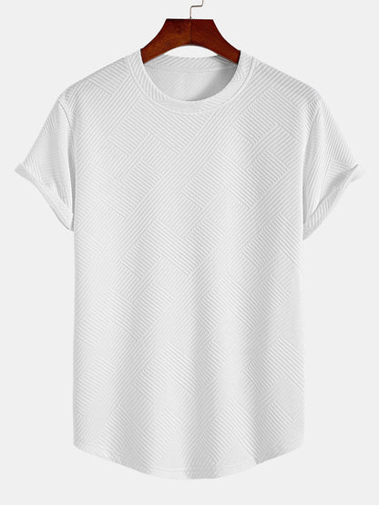 Kortärmad randig jacquard T-shirt med bågad nederkant