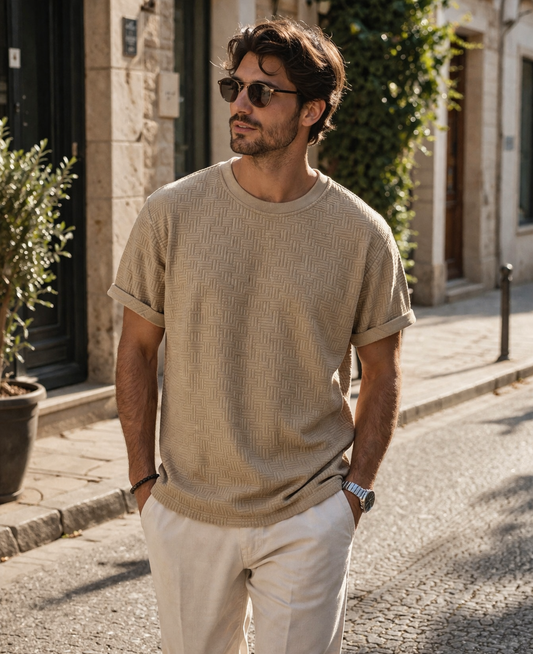 Randig Jacquard T-shirt med bågformad nederkant