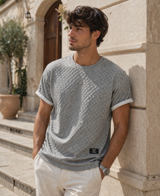 Schackrutig Jacquard Rundad Kant T-Shirt