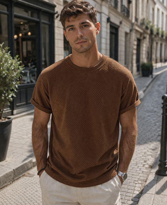 Kortärmad randig jacquard T-shirt med bågad nederkant