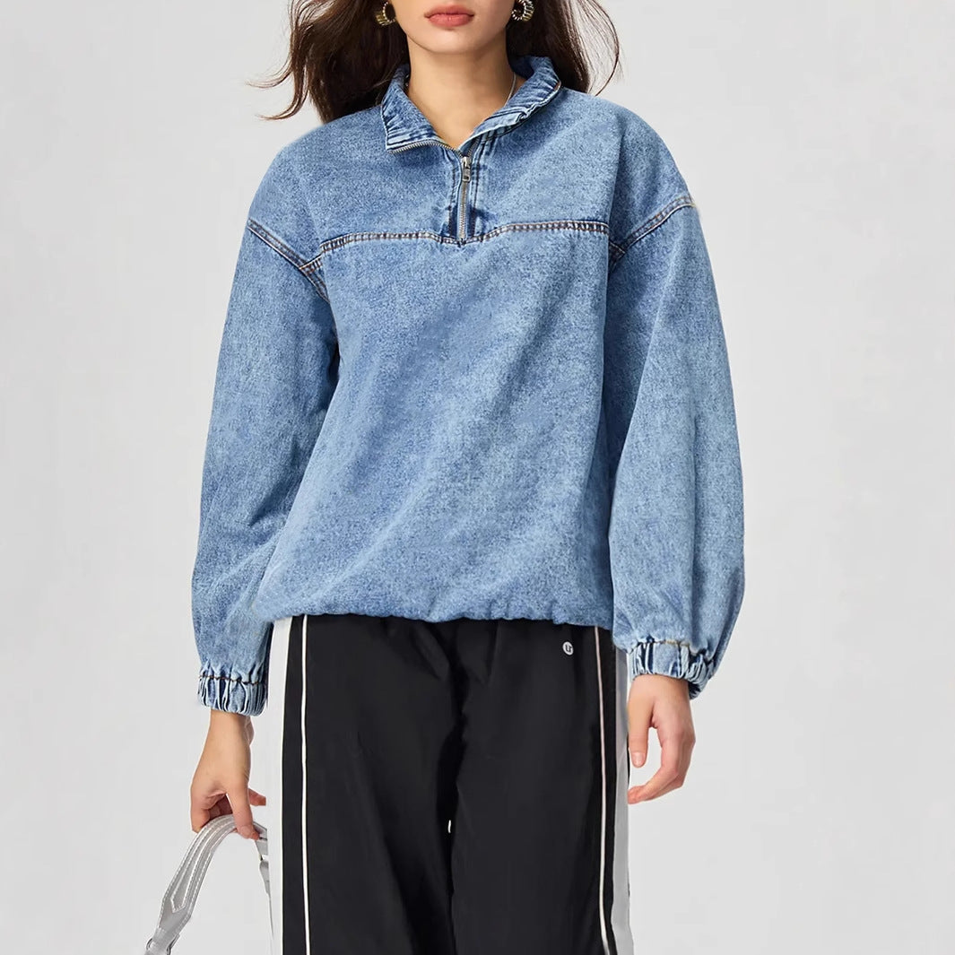 Dam Lös Tröja Fritids Skjorta i Denim
