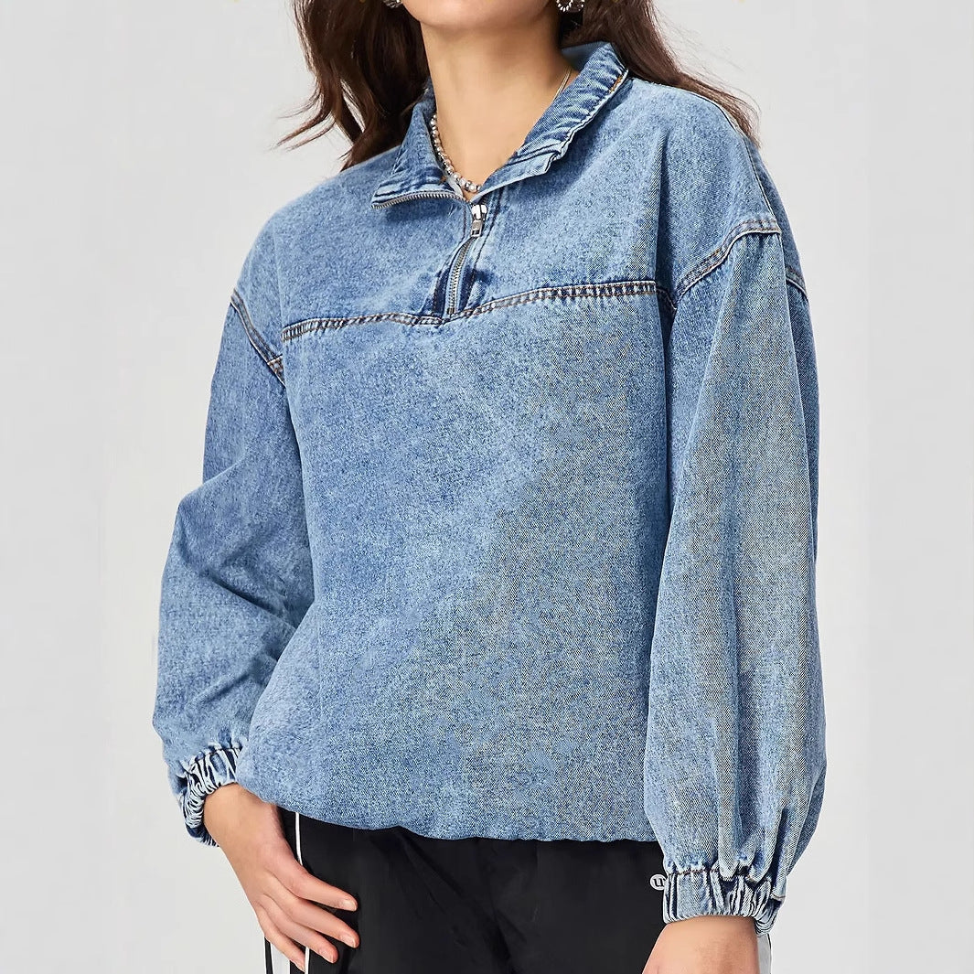 Dam Lös Tröja Fritids Skjorta i Denim