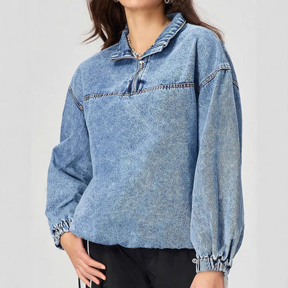 Dam Lös Tröja Fritids Skjorta i Denim