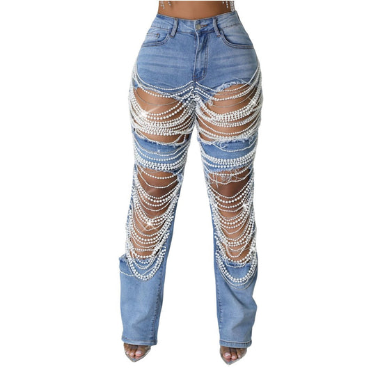 Damers slitna coola pärlprydda stretchjeans med hög midja