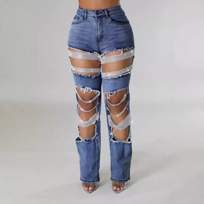Women's Ripped Cool Beaded High Waist Stretch Denim Jeans