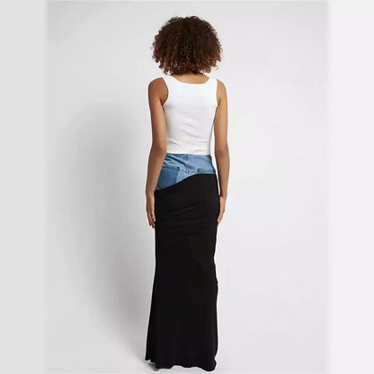 Women's High Waist Fake Two-piece Black Color Pleats Stitching Design Skirts