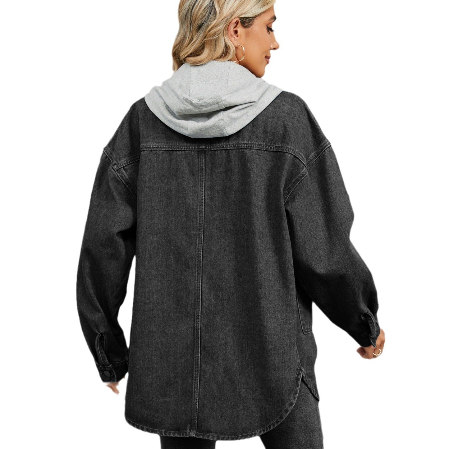 Damtvättad lös huvjacka i denim med lång ärm
