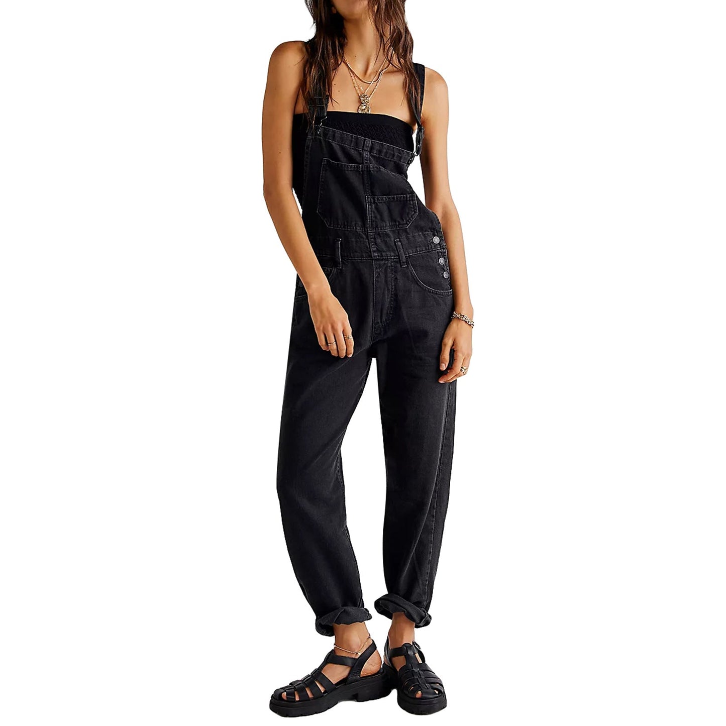 Women's Leisure Washed-out Loose Denim Suspender Jeans