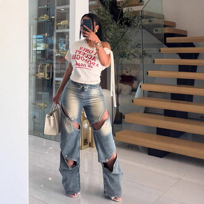 Women's Street Hollow Out Clinch Distressed Straight Jeans