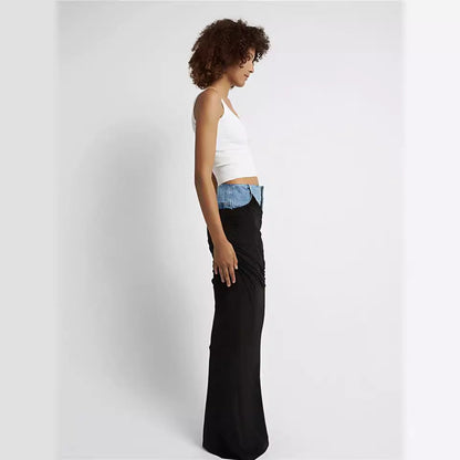 Women's High Waist Fake Two-piece Black Color Pleats Stitching Design Skirts