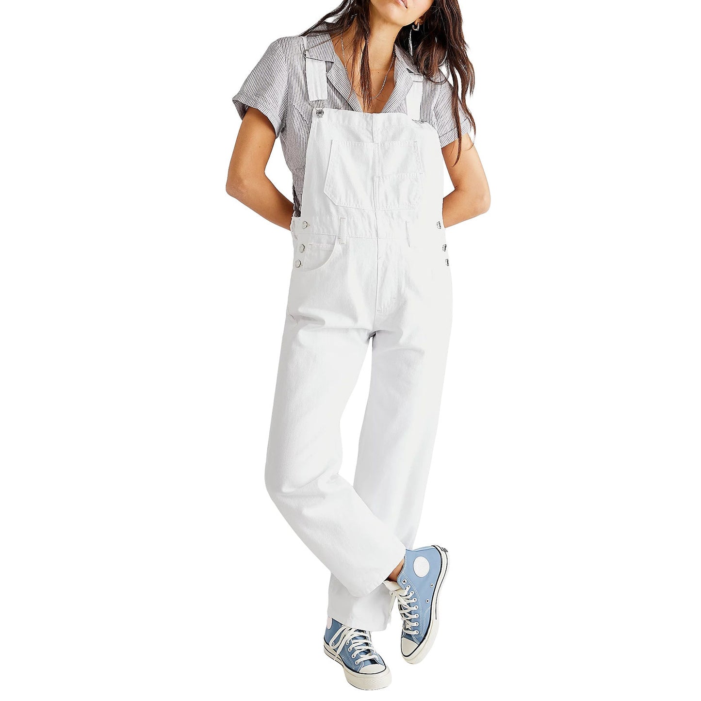 Women's Leisure Washed-out Loose Denim Suspender Jeans