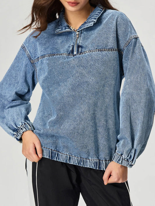 Dam Lös Tröja Fritids Skjorta i Denim