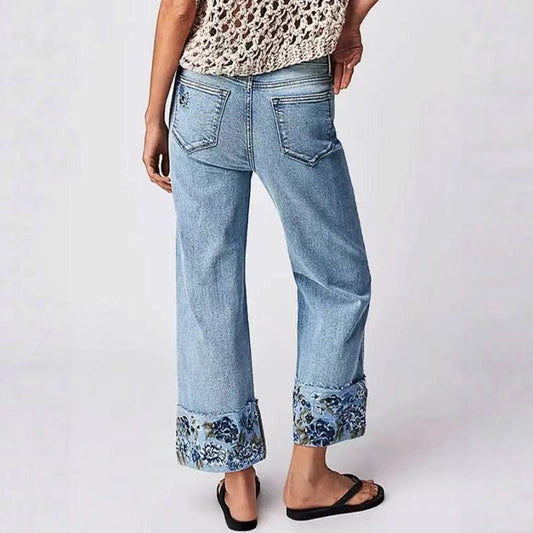 Populära raka broderade jeans för kvinnor med medelhög midja
