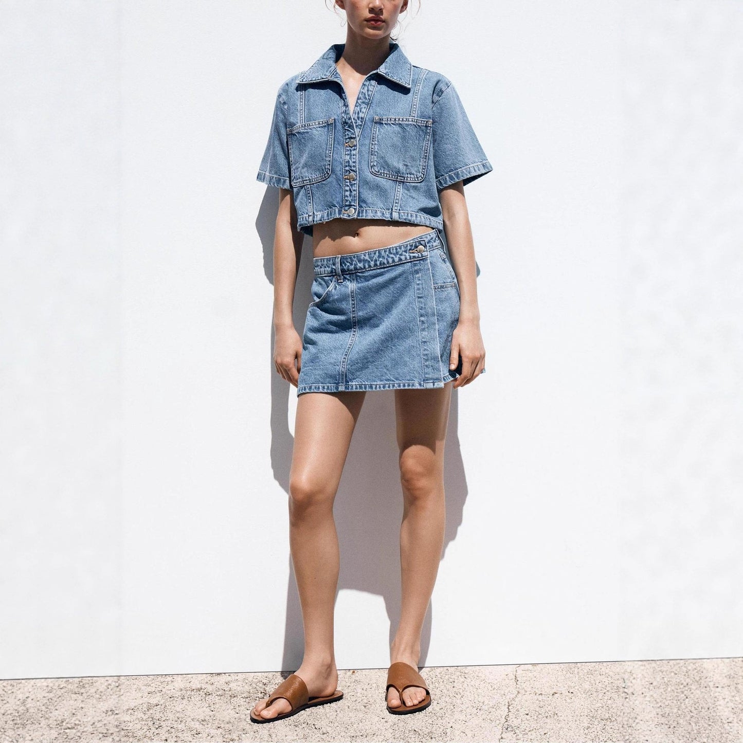 Jeansskjorta culottes modetvådelad sommarblusar