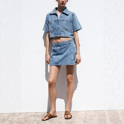 Jeansskjorta culottes modetvådelad sommarblusar