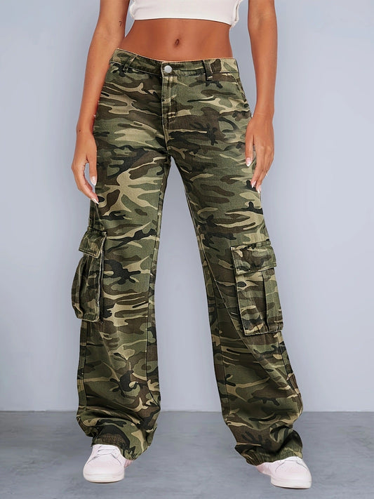 Dammode Camouflage Cargo Hög Midja Lösa Jeans