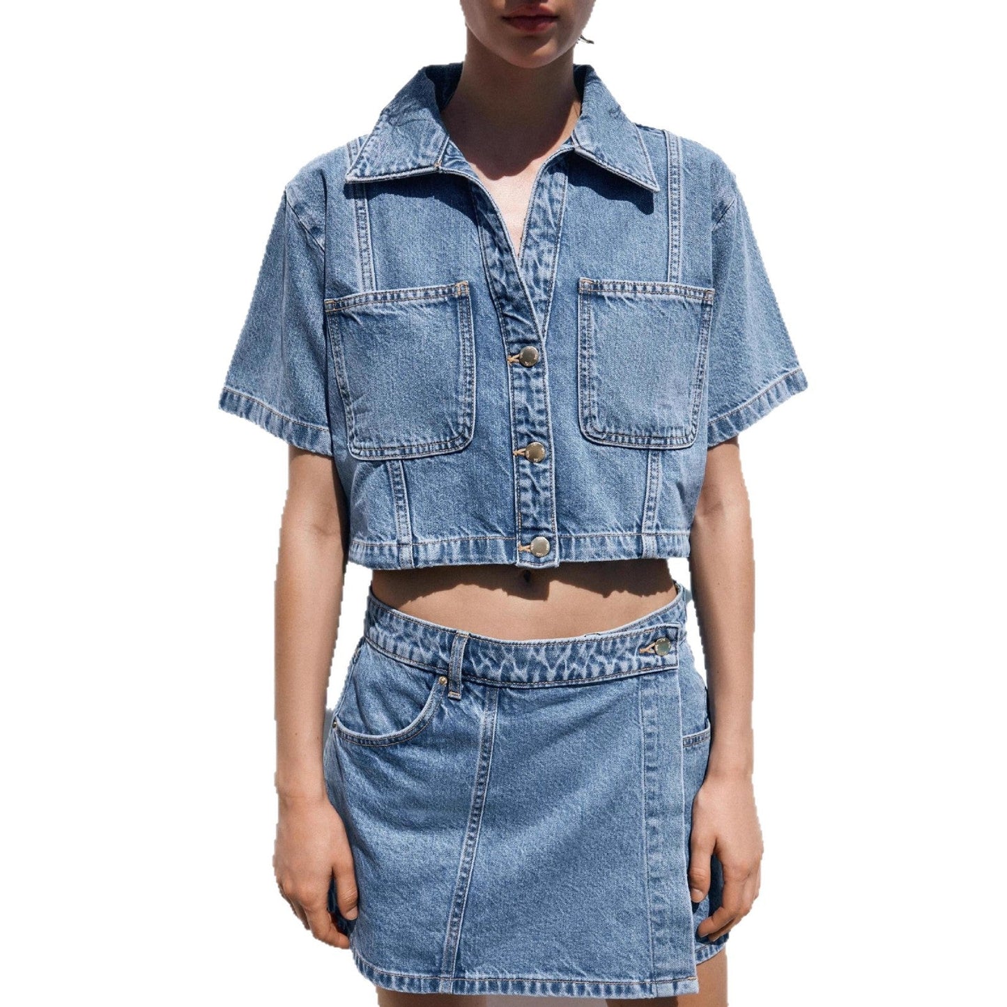 Jeansskjorta culottes modetvådelad sommarblusar