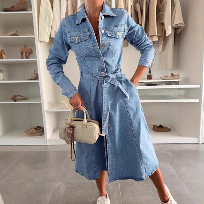 Långärmad skjortklänning för kvinnor – tvättad denim