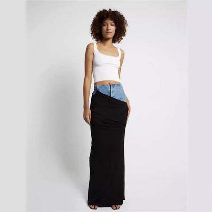 Women's High Waist Fake Two-piece Black Color Pleats Stitching Design Skirts