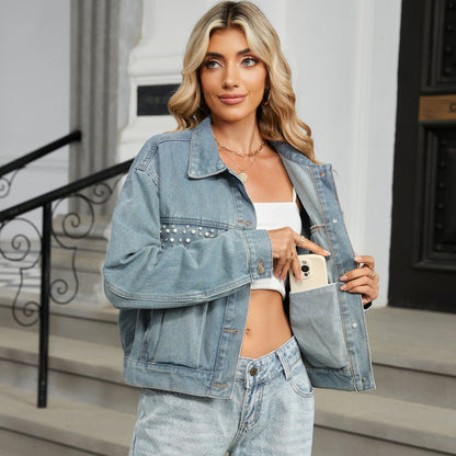 Jeansjacka för dam, höst, tvättad vintage med diamantdetaljer