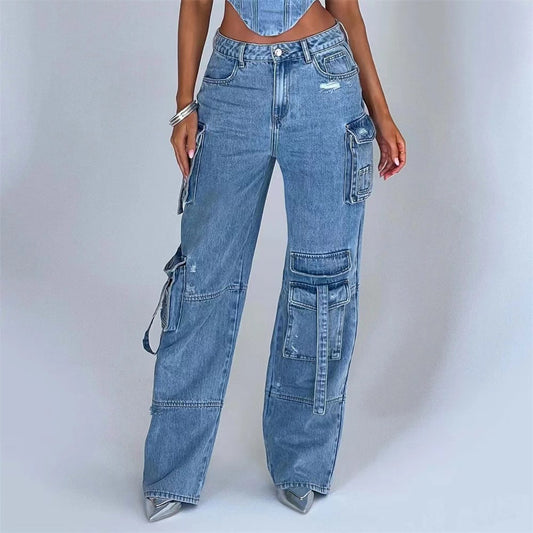 Damjeans med låg midja, tredimensionella fickor, sömmar, höstlöst fall