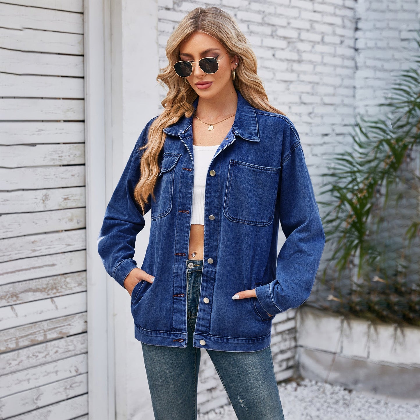 Damers lediga kreativa retro-jeansjackor i tvättad denim