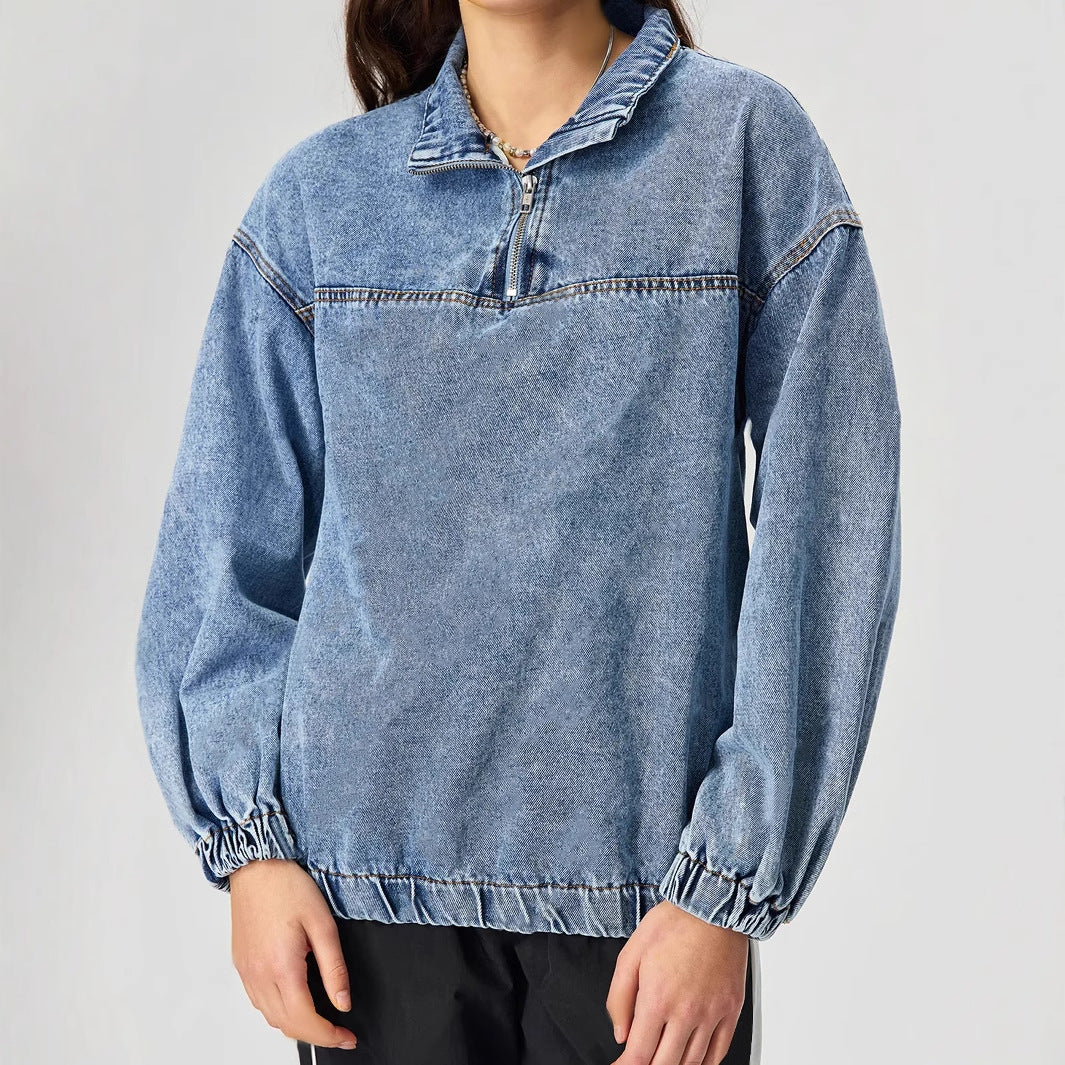 Dam Lös Tröja Fritids Skjorta i Denim