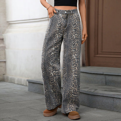 Street Loose Casual Leopard Print American Wide Jeans