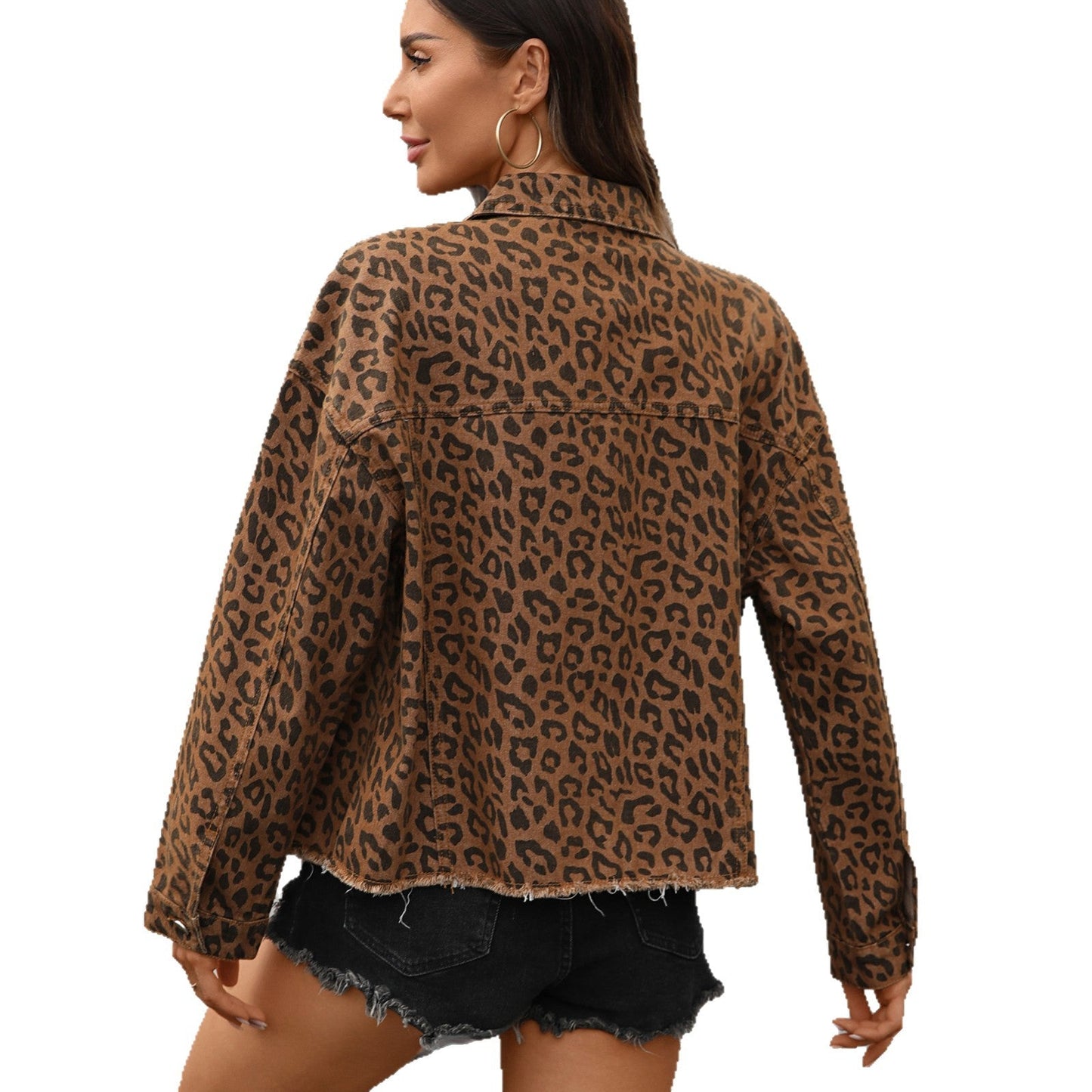 Lösa denimjackor för kvinnor med personligt leopardmönster