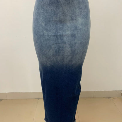 Women's Fashion Burnt Flower Slit Tassel Denim Skirts