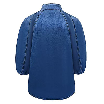 Kvinnors Vår Retro Lös Halsringning Jeansskjorta Blusar