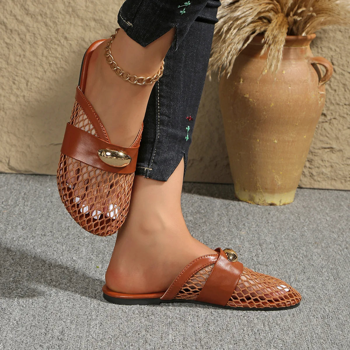 Golden Charm Fishnet-sandaler