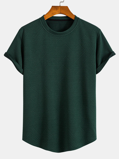 Kortärmad randig jacquard T-shirt med bågad nederkant