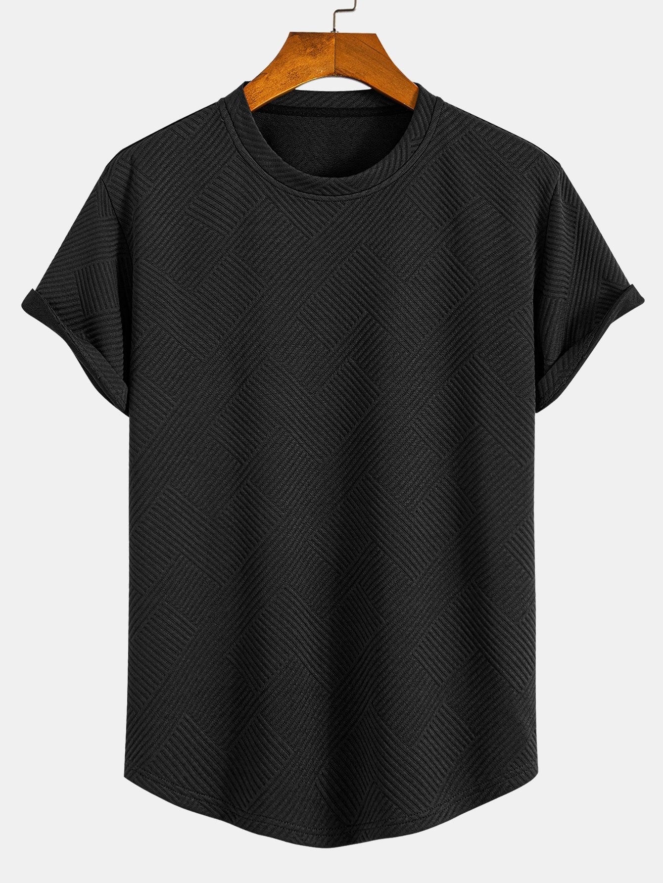 Kortärmad randig jacquard T-shirt med bågad nederkant
