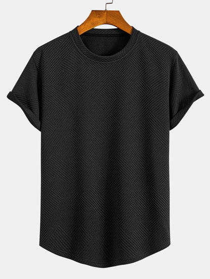 Kortärmad randig jacquard T-shirt med bågad nederkant