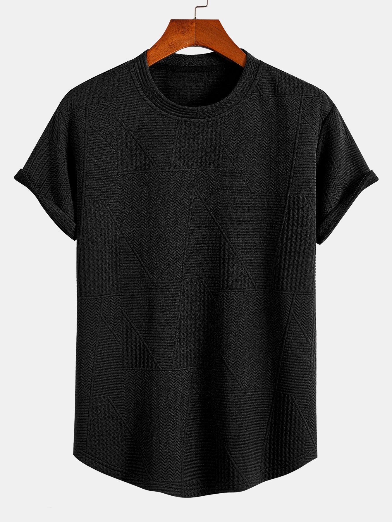 Geometrisk Jacquard Kortärmad T-shirt med Rundad Fåll