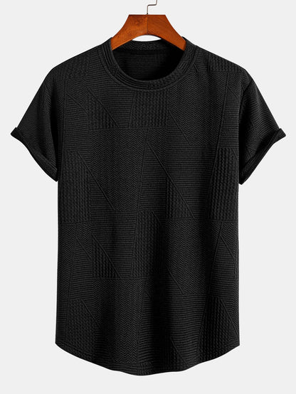 Geometrisk Jacquard Kortärmad T-shirt med Rundad Fåll